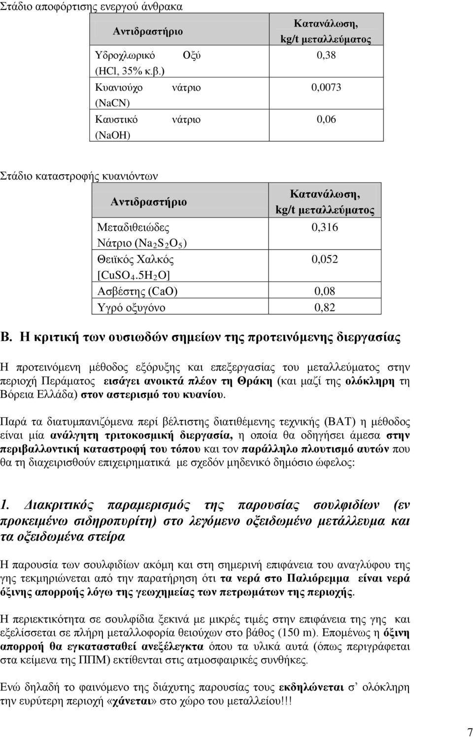 (Na 2 S 2 O 5 ) Θειϊκός Χαλκός 0,052 [CuSO 4.5H 2 O] Ασβέστης (CaO) 0,08 Υγρό οξυγόνο 0,82 Β.