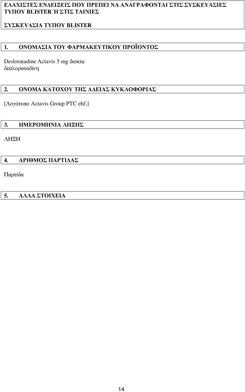 ΟΝΟΜΑΣΙΑ ΤΟΥ ΦΑΡΜΑΚΕΥΤΙΚΟΥ ΠΡΟΪΟΝΤΟΣ Desloratadine Actavis 5 mg δισκία δεσλοραταδίνη 2.