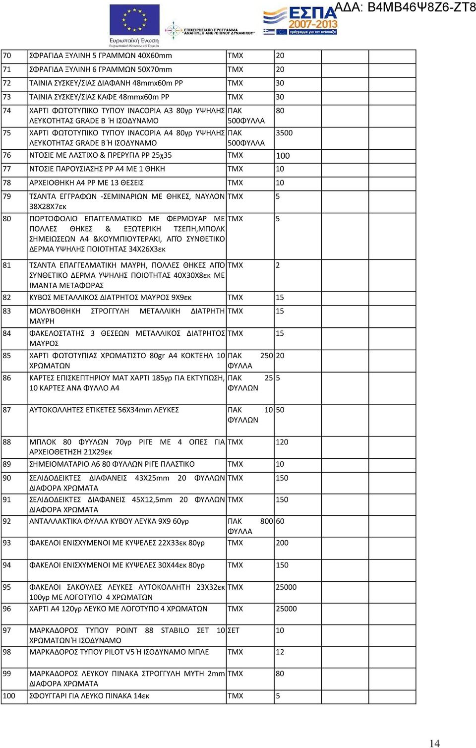 & ΠΡΕΡΥΓΙΑ PP 25χ35 TMX 100 77 ΝΤΟΣΙΕ ΠΑΡΟΥΣΙΑΣΗΣ PP A4 ΜΕ 1 ΘΗΚΗ TMX 10 78 ΑΡΧΕΙΟΘΗΚΗ Α4 PP ΜΕ 13 ΘΕΣΕΙΣ TMX 10 79 ΤΣΑΝΤΑ ΕΓΓΡΑΦΩΝ -ΣΕΜΙΝΑΡΙΩΝ ΜΕ ΘΗΚΕΣ, ΝΑΥΛΟΝ 38Χ28Χ7εκ TMX 5 80 ΠΟΡΤΟΦΟΛΙΟ