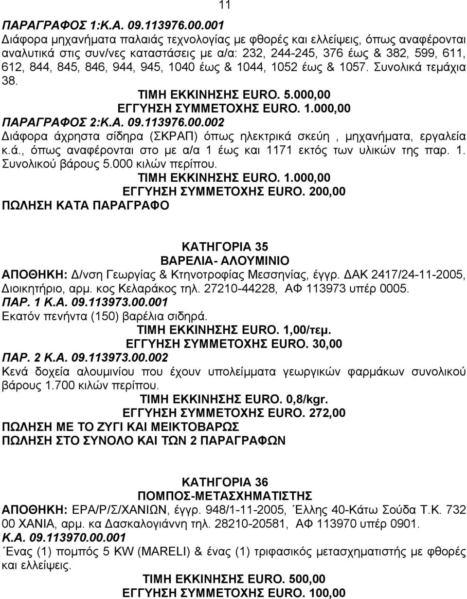 1040 έως & 1044, 1052 έως & 1057. Συνολικά τεµάχια 38. ΤΙΜΗ ΕΚΚΙΝΗΣΗΣ EURO. 5.000,00 ΕΓΓΥΗΣΗ ΣΥΜΜΕΤΟΧΗΣ EURO. 1.000,00 ΠΑΡΑΓΡΑΦΟΣ 2:Κ.Α. 09.113976.00.002 ιάφορα άχρηστα σίδηρα (ΣΚΡΑΠ) όπως ηλεκτρικά σκεύη, µηχανήµατα, εργαλεία κ.