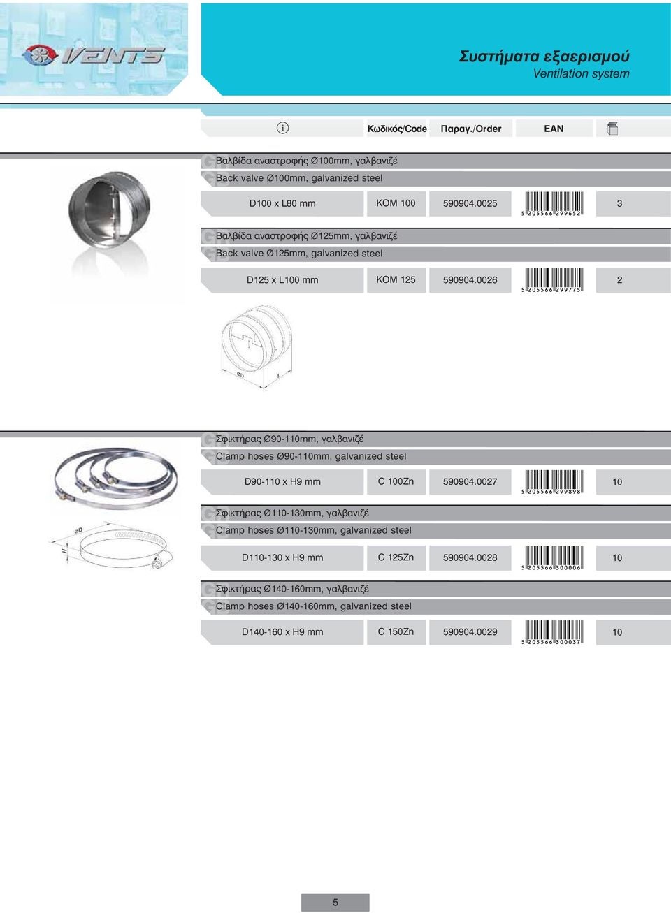 0026 2 Σφικτήρας Ø90-110mm, γαλβανιζέ Clamp hoses Ø90-110mm, galvanzed steel D90-110 x H9 mm C 100Zn 590904.