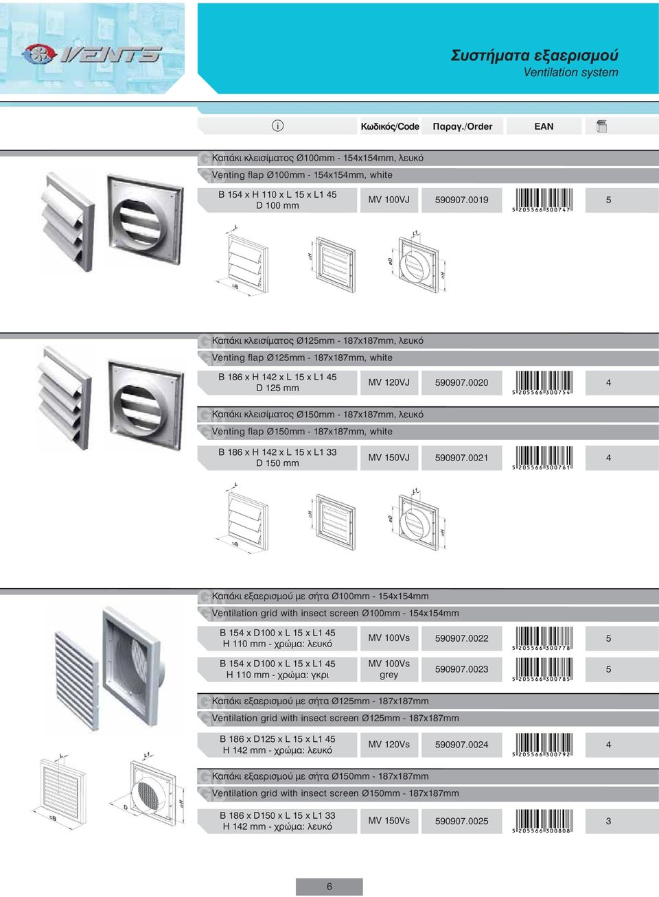 0020 4 Καπάκι κλεισίματος Ø150mm - 187x187mm, λευκό Ventng flap Ø150mm - 187x187mm, whte B 186 x H 142 x L 15 x L1 33 D 150 mm MV 150VJ 590907.