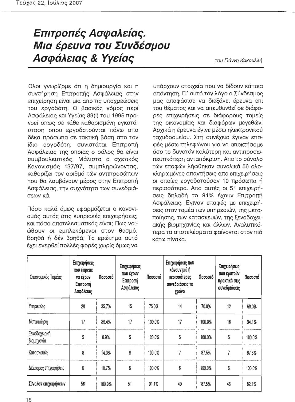 Ο βασικός νόμος περί Ασφάλειας και γγείας 89(1) του 1996 προνοεί όπως σε κάθε καθορισμένη εγκατάσταση οπου εργοδοτούνται πάνω απο δέκα πρόσωπα σε τακτική βάση απο τον ίδιο εργοδότη, συνιστάται