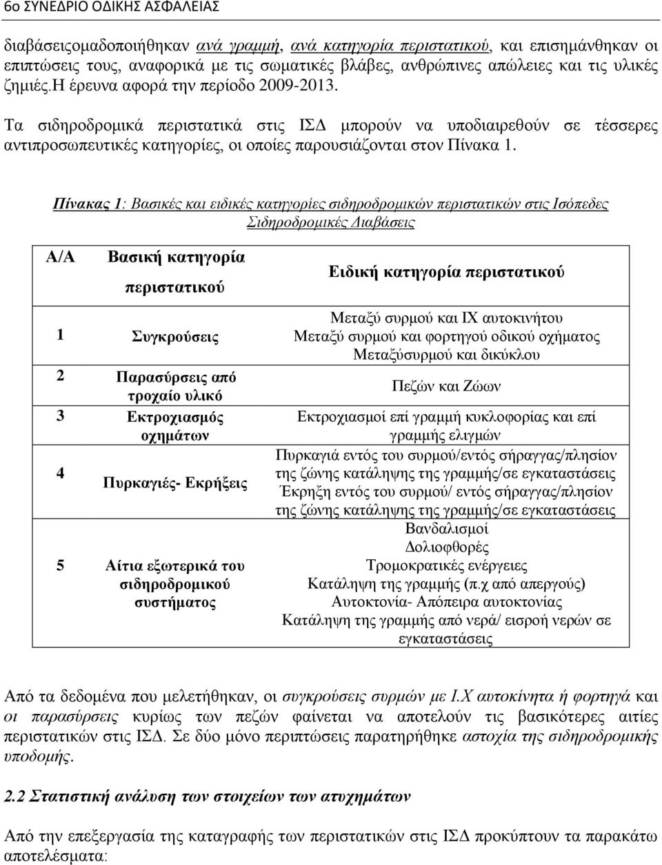 Πίνακας 1: Βασικές και ειδικές κατηγορίες σιδηροδρομικών περιστατικών στις Ισόπεδες Σιδηροδρομικές Διαβάσεις Α/Α Βασική κατηγορία περιστατικού 1 Συγκρούσεις 2 Παρασύρσεις από τροχαίο υλικό 3