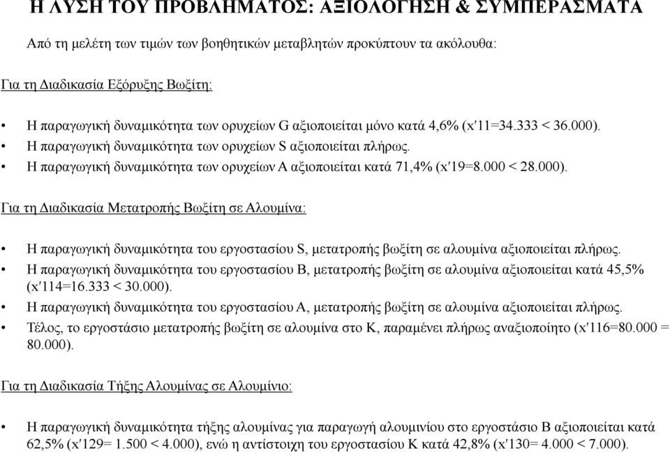 000 < 28.000). Για τη Διαδικασία Μετατροπής Βωξίτη σε Αλουμίνα: Η παραγωγική δυναμικότητα του εργοστασίου S, μετατροπής βωξίτη σε αλουμίνα αξιοποιείται πλήρως.