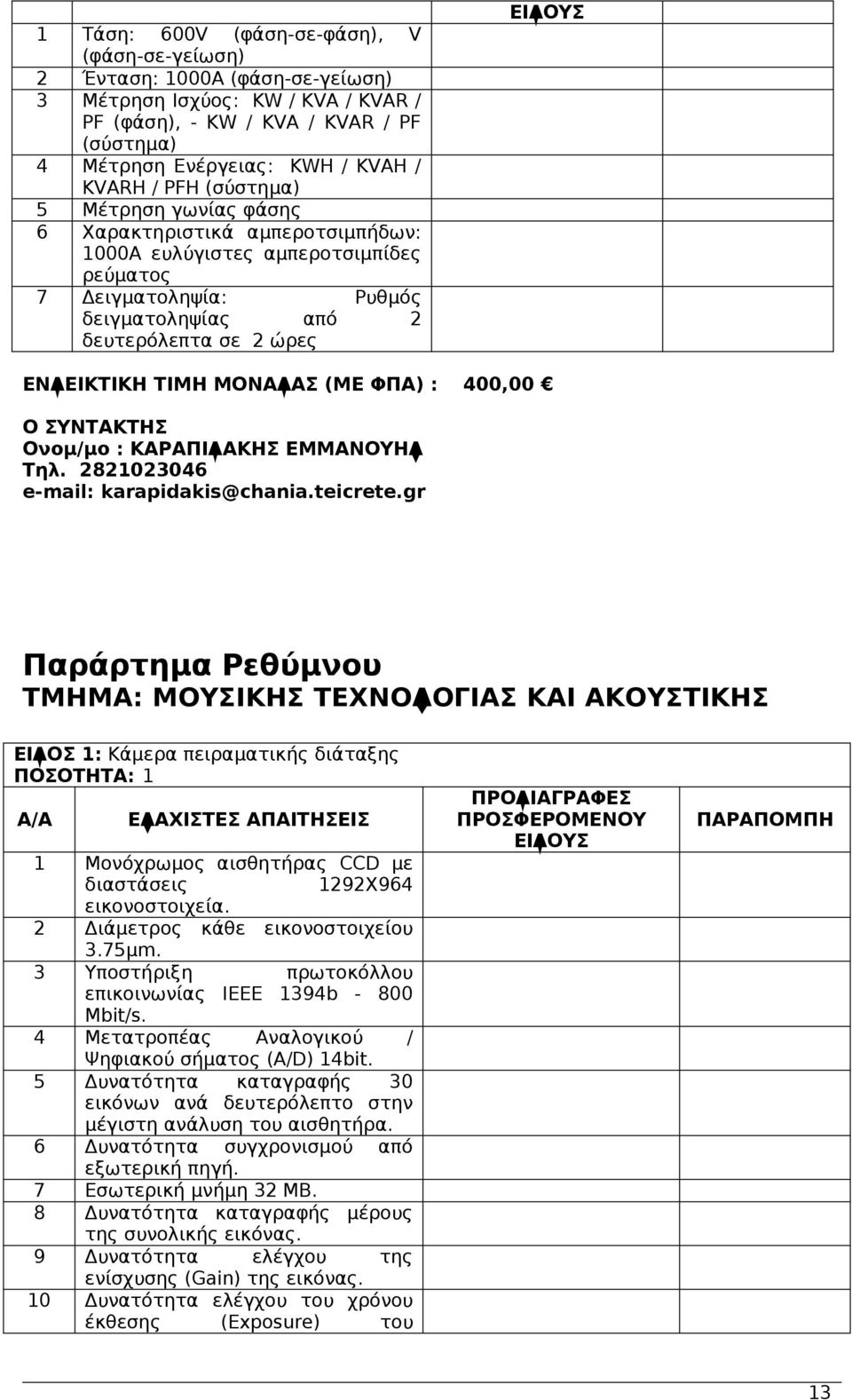 ΤΙΜΗ ΜΟΝΑΔΑΣ (ΜΕ ΦΠΑ) : 400,00 Ο ΣΥΝΤΑΚΤΗΣ Ονομ/μο : ΚΑΡΑΠΙΔΑΚΗΣ ΕΜΜΑΝΟΥΗΛ Τηλ. 2821023046 e-mail: karapidakis@chania.teicrete.