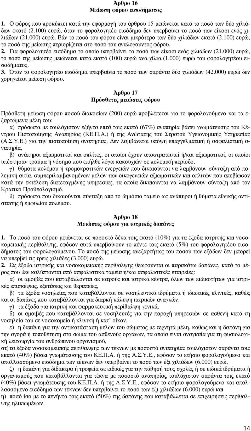 100) ευρώ, το ποσό της µείωσης περιορίζεται στο ποσό του αναλογούντος φόρου. 2. Για φορολογητέο εισόδηµα το οποίο υπερβαίνει το ποσό των είκοσι ενός χιλιάδων (21.