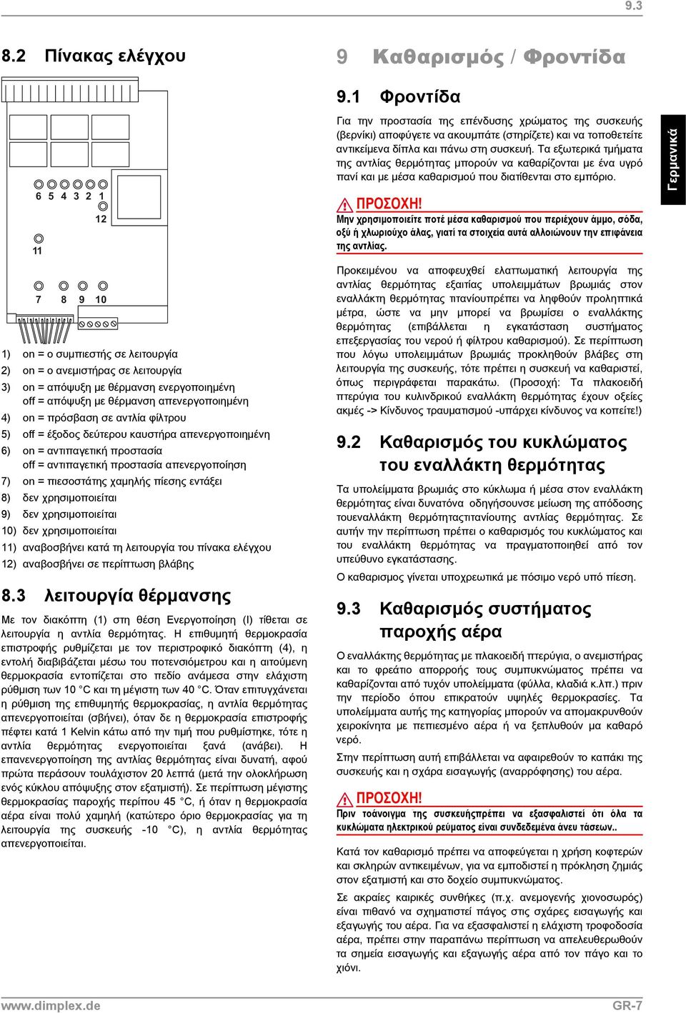 4) on = πρόσβαση σε αντλία φίλτρου 5) off = έξοδος δεύτερου καυστήρα απενεργοποιημένη 6) on = αντιπαγετική προστασία off = αντιπαγετική προστασία απενεργοποίηση 7) on = πιεσοστάτης χαμηλής πίεσης