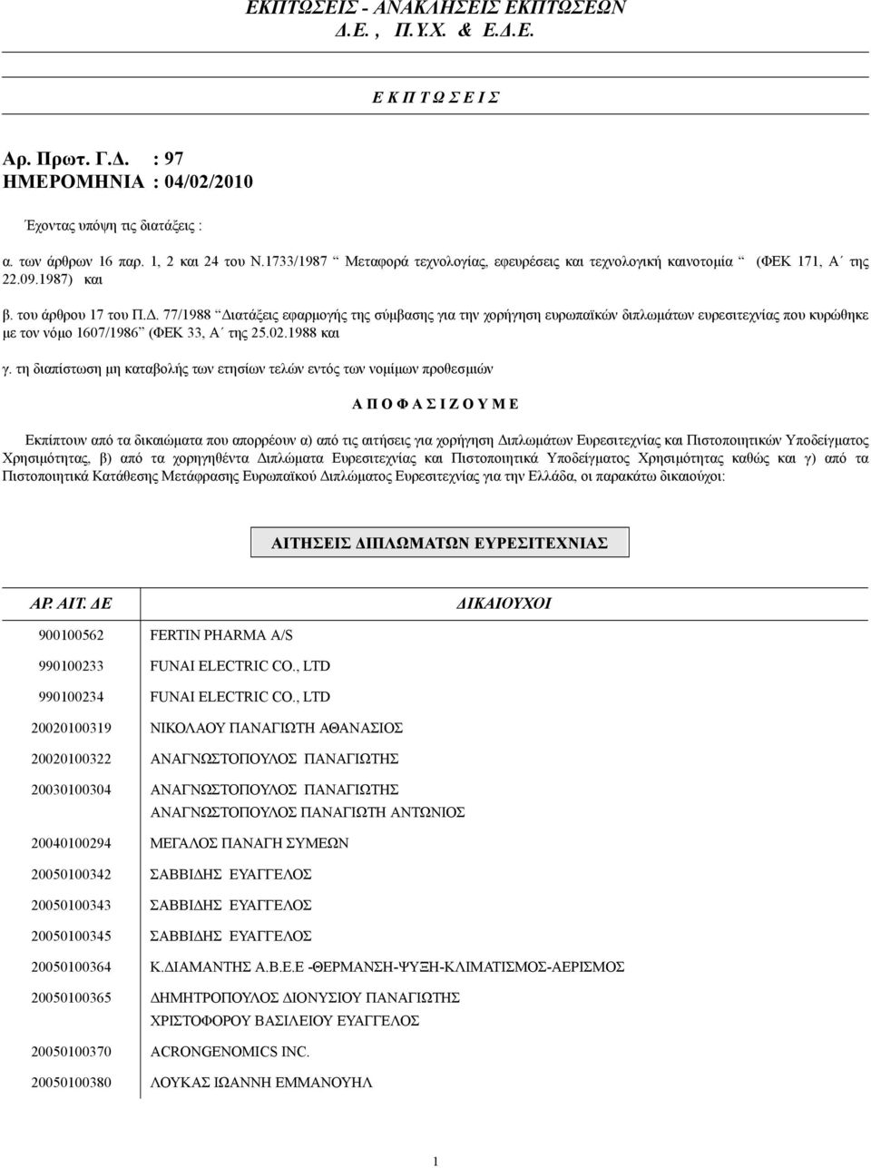 . 77/1988 ιατάξεις εφαρµογής της σύµβασης για την χορήγηση ευρωπαϊκών διπλωµάτων ευρεσιτεχνίας που κυρώθηκε µε τον νόµο 1607/1986 (ΦΕΚ 33, Α της 25.02.1988 και γ.