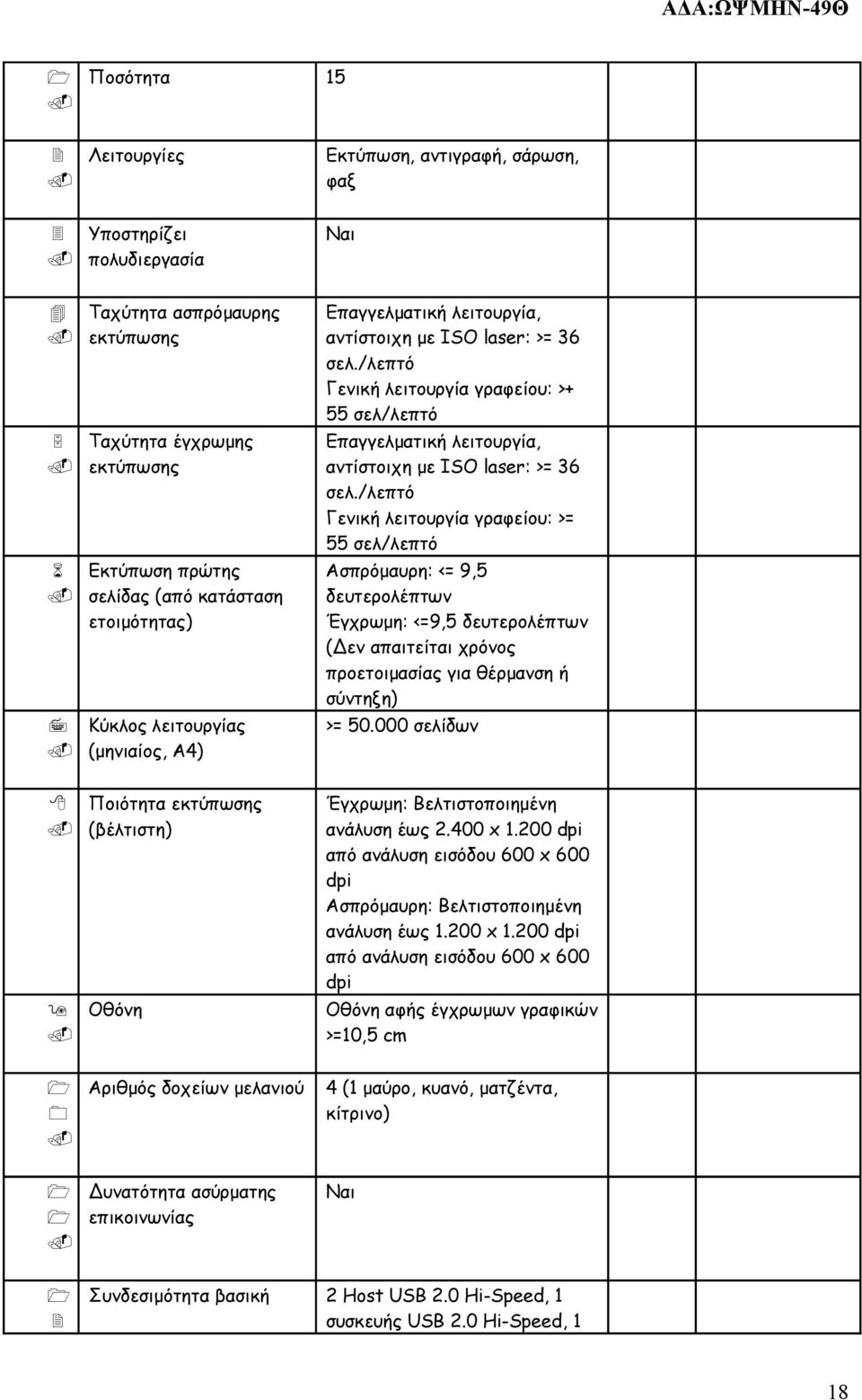 ISO laser: >= 36 σελ/λεπτό Γενική λειτουργία γραφείου: >= 55 σελ/λεπτό Ασπρόμαυρη: <= 9,5 δευτερολέπτων Έγχρωμη: <=9,5 δευτερολέπτων (Δεν απαιτείται χρόνος προετοιμασίας για θέρμανση ή σύντηξη) >=