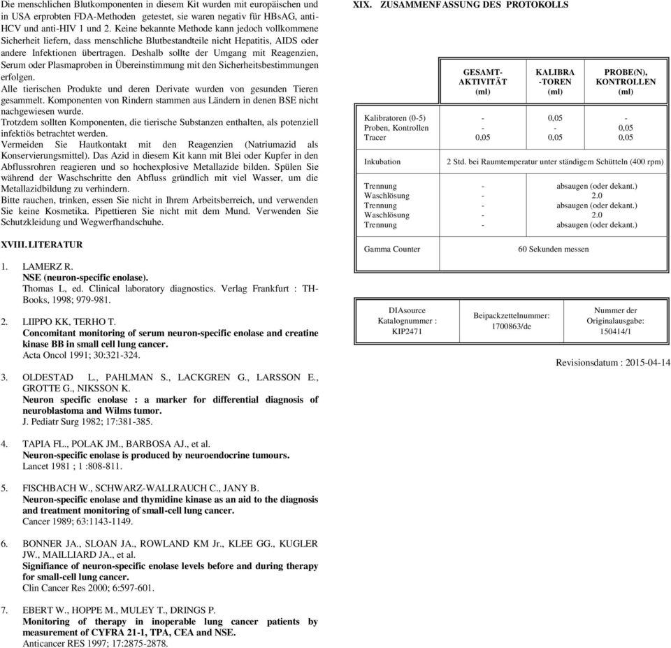 Deshalb sollte der Umgang mit Reagenzien, Serum oder Plasmaproben in Übereinstimmung mit den Sicherheitsbestimmungen erfolgen.