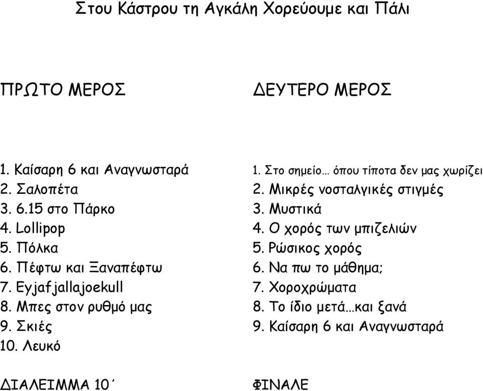 Lollipop 4. Ο χορός των μπιζελιών 5. Πόλκα 5. Ρώσικος χορός 6. Πέφτω και Ξαναπέφτω 6. Να πω το μάθημα; 7.