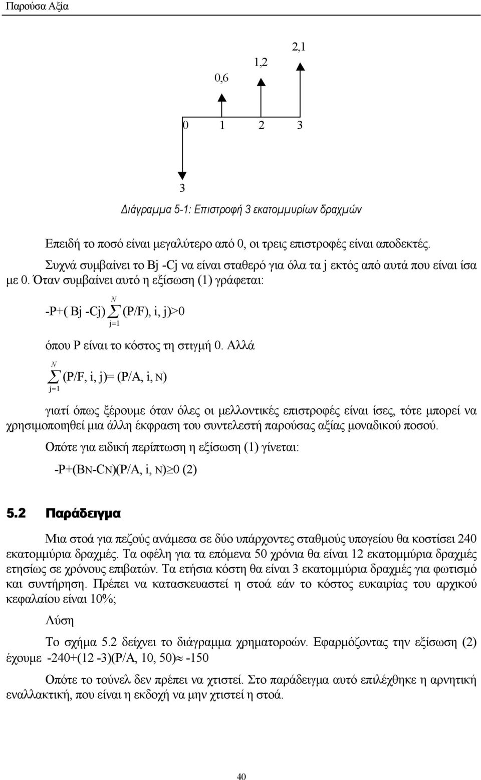 Όταν συµβαίνει αυτό η εξίσωση () γράφεται: -P+( Bj -Cj) N Σ j= (P/F), i, j)>0 όπου P είναι το κόστος τη στιγµή 0.