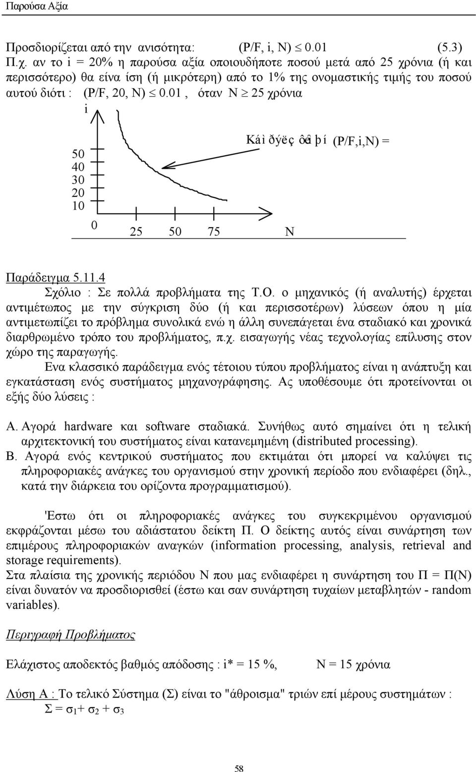 0, όταν Ν 25 χρόνια i 50 40 30 20 0 0 25 50 75 Káìðýëç ôéìþí (P/F,i,N) = N Παράδειγµα 5..4 Σχόλιο : Σε πολλά προβλήµατα της Τ.Ο.