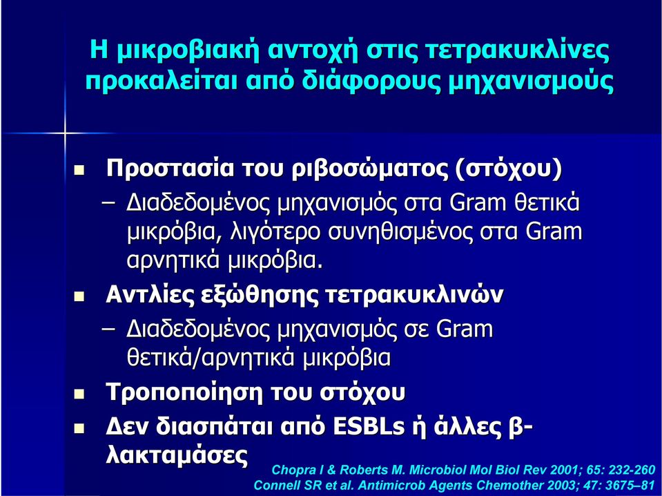 Αντλίες εξώθησης τετρακυκλινών Διαδεδομένος μηχανισμός σε Gram θετικά/αρνητικά μικρόβια Τροποποίηση του στόχου Δεν