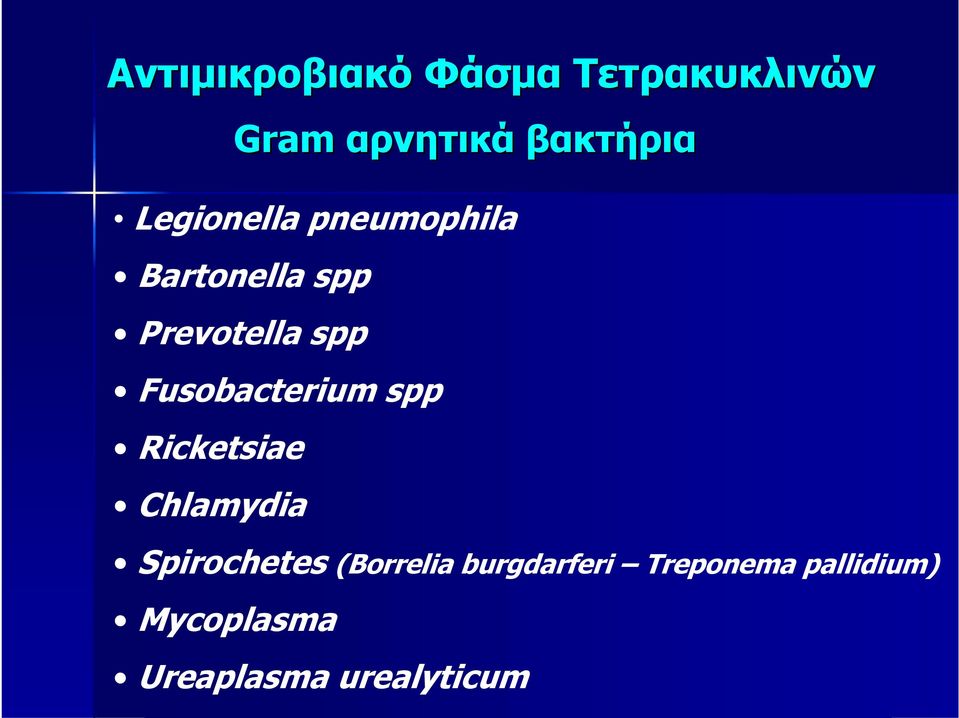 Fusobacterium spp Ricketsiae Chlamydia Spirochetes