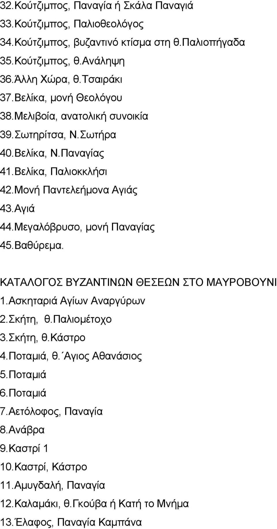 Αγιά 44.Μεγαλόβρυσο, μονή Παναγίας 45.Βαθύρεμα. ΚΑΤΑΛΟΓΟΣ ΒΥΖΑΝΤΙΝΩΝ ΘΕΣΕΩΝ ΣΤΟ ΜΑΥΡΟΒΟΥΝΙ 1.Ασκηταριά Αγίων Αναργύρων 2.Σκήτη, θ.παλιομέτοχο 3.Σκήτη, θ.κάστρο 4.