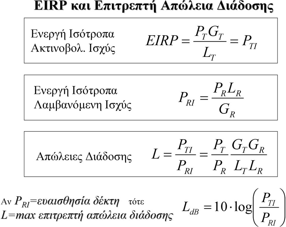 PR L G R R Απώλειες ιάδοσης P P TI L = = RI P P T R G L T T G L R R Αν P