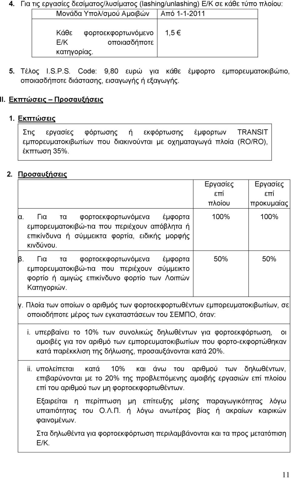 Εκπτώσεις Στις εργασίες φόρτωσης ή εκφόρτωσης έμφορτων TRANSIT εμπορευματοκιβωτίων που διακινούνται με οχηματαγωγά πλοία (RO/RO), έκπτωση 35%. 2. Προσαυξήσεις α.