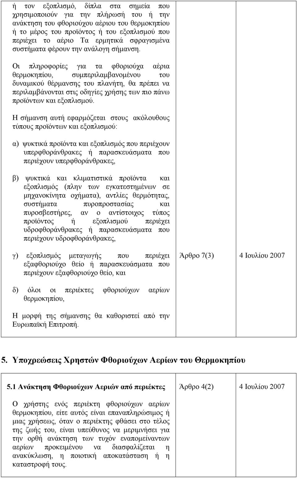 Οι πληροφορίες για τα φθοριούχα αέρια, συμπεριλαμβανομένου του δυναμικού θέρμανσης του πλανήτη, θα πρέπει να περιλαμβάνονται στις οδηγίες χρήσης των πιο πάνω προϊόντων και εξοπλισμού.