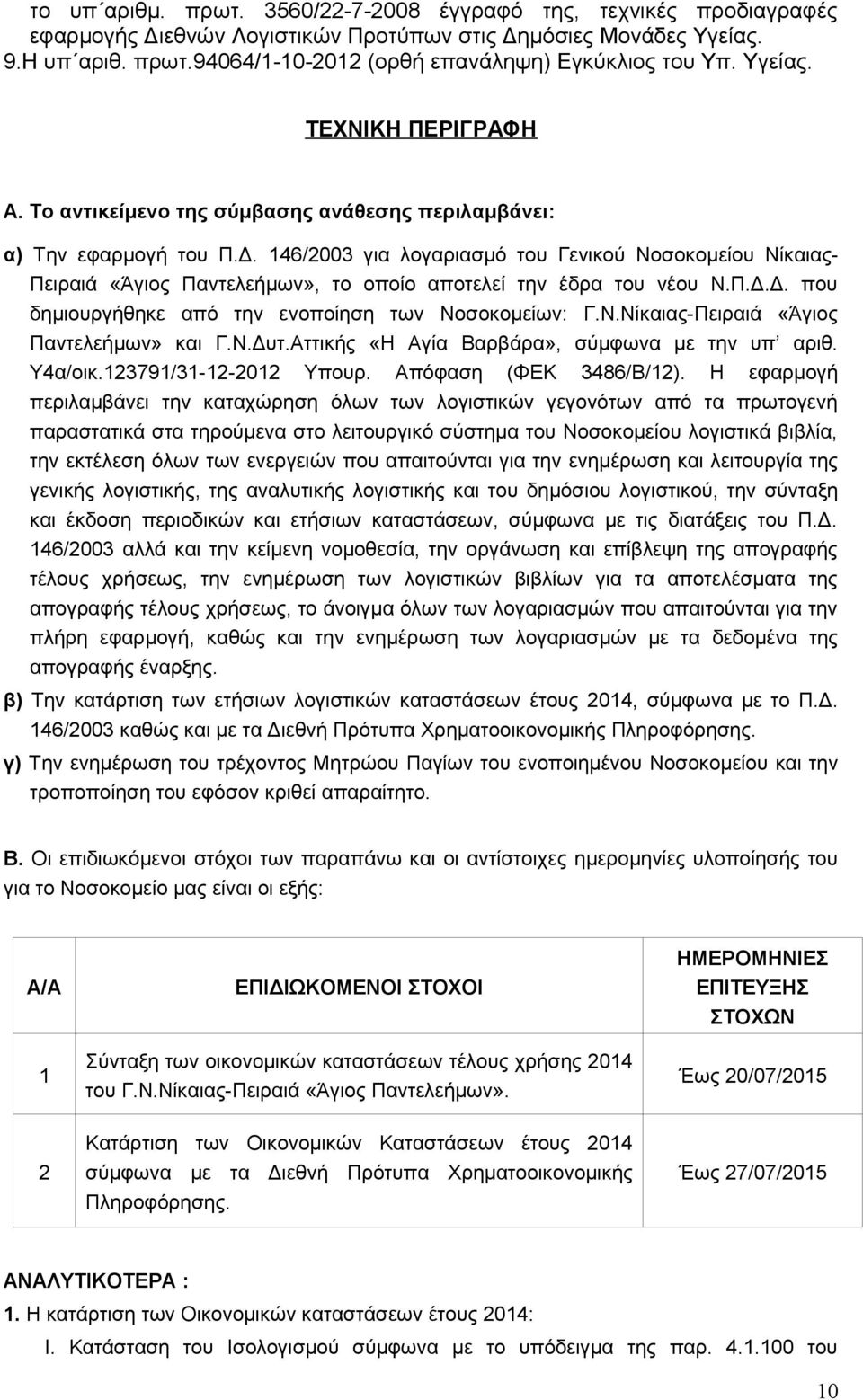 146/2003 για λογαριασμό του Γενικού Νοσοκομείου Νίκαιας- Πειραιά «Άγιος Παντελεήμων», το οποίο αποτελεί την έδρα του νέου Ν.Π.Δ.Δ. που δημιουργήθηκε από την ενοποίηση των Νοσοκομείων: Γ.Ν.Νίκαιας-Πειραιά «Άγιος Παντελεήμων» και Γ.