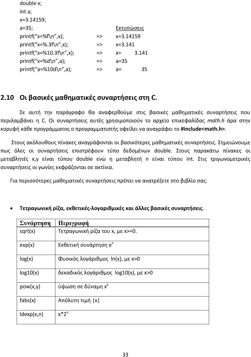Σε αυτή την παράγραφο θα αναφερθούμε στις βασικές μαθηματικές συναρτήσεις που περιλαμβάνει η C. Οι συναρτήσεις αυτές χρησιμοποιούν το αρχείο επικεφαλίδας math.