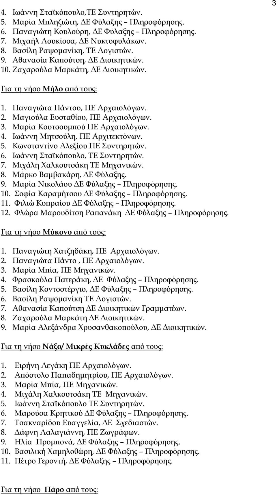 Ιωάννη Μητσούλη, ΠΕ Αρχιτεκτόνων. 5. Kωνσταντίνο Αλεξίου ΠΕ υντηρητών. 6. Ιωάννη ταϊκόπουλο, ΣΕ υντηρητών. 7. Μιχάλη Φαλκουτσάκη ΣΕ Μηχανικών. 8. Μάρκο Βαμβακάρη, ΔΕ Υύλαξης. 9.