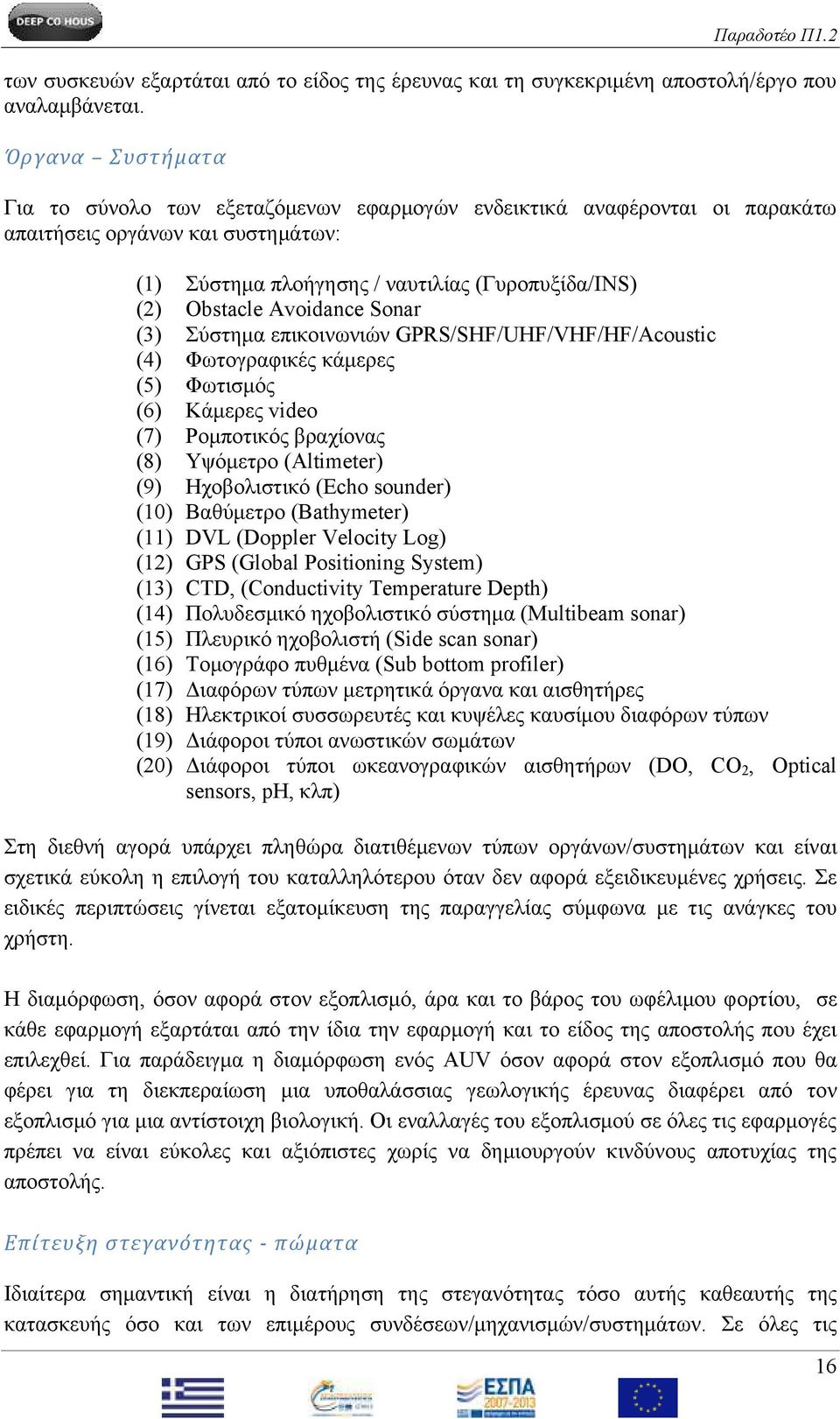 Avoidance Sonar (3) ύζηεκα επηθνηλσληώλ GPRS/SHF/UHF/VHF/HF/Acoustic (4) Φσηνγξαθηθέο θάκεξεο (5) Φσηηζκόο (6) Κάκεξεο video (7) Ρνκπνηηθόο βξαρίνλαο (8) Τςόκεηξν (Altimeter) (9) Ηρνβνιηζηηθό (Echo