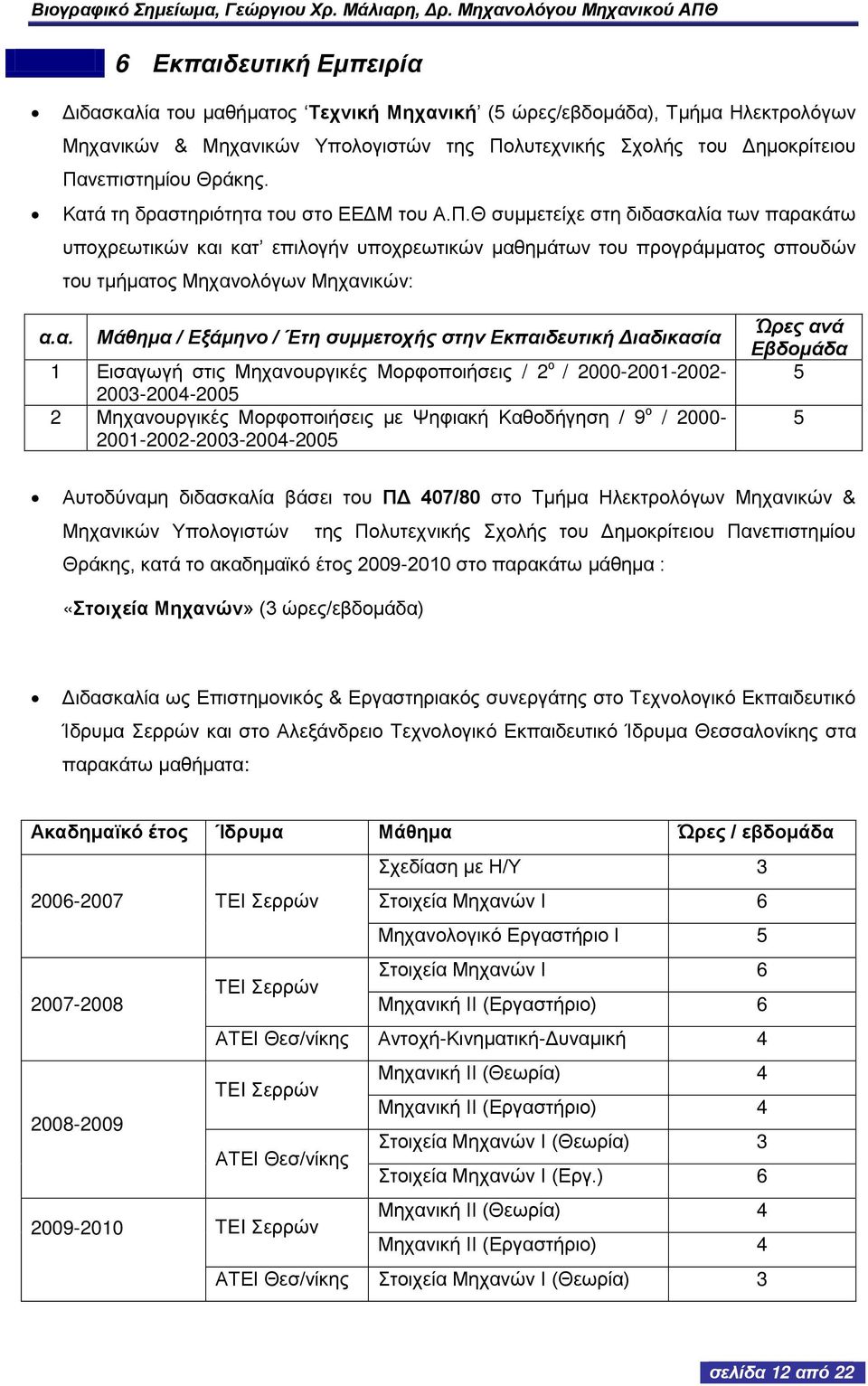 α. Μάθημα / Εξάμηνο / Έτη συμμετοχής στην Εκπαιδευτική Διαδικασία 1 Εισαγωγή στις Μηχανουργικές Μορφοποιήσεις / 2 ο / 2000-2001-2002-2003-2004-2005 2 Μηχανουργικές Μορφοποιήσεις με Ψηφιακή Καθοδήγηση