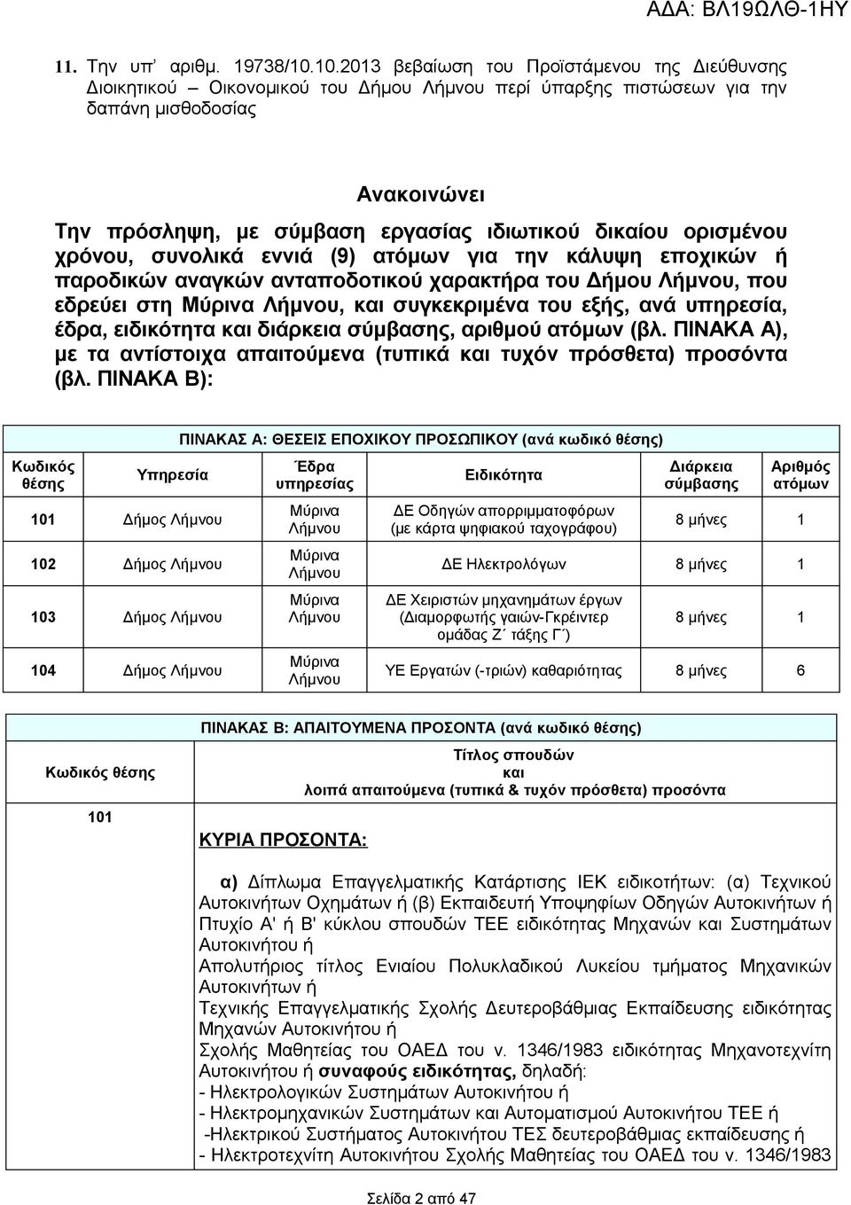 δικαίου ορισμένου χρόνου, συνολικά εννιά (9) ατόμων για την κάλυψη εποχικών ή παροδικών αναγκών ανταποδοτικού χαρακτήρα του Δήμου Λήμνου, που εδρεύει στη Μύρινα Λήμνου, και συγκεκριμένα του εξής, ανά