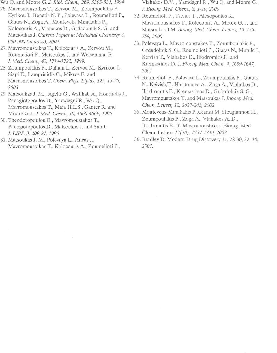 , Roumelioti P., Matsoukas J. and Weisemann R. /. Med. Chem., 42, 1714-1722, 1999. 28. Zoumpoulakis P., Daliani I., Zervou M., Kyrikou I., Siapi E., Lamprinidis G., Mikros E. and Mavromoustakos T.