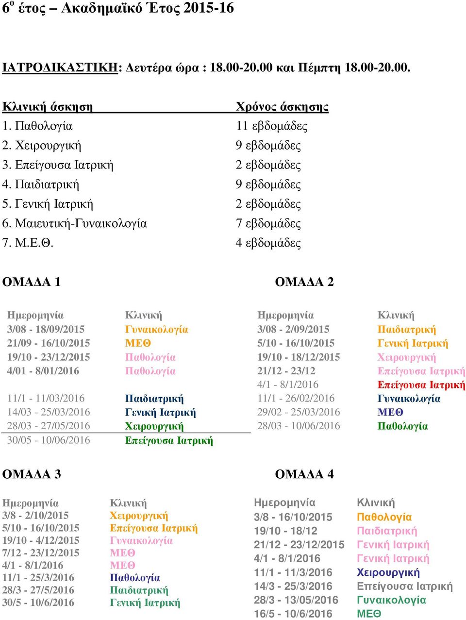 4 εβδοµάδες ΟΜΑ Α 1 ΟΜΑ Α 2 Ηµεροµηνία Κλινική Ηµεροµηνία Κλινική 3/08-18/09/2015 Γυναικολογία 3/08-2/09/2015 Παιδιατρική 21/09-16/10/2015 ΜΕΘ 5/10-16/10/2015 Γενική Ιατρική 19/10-23/12/2015
