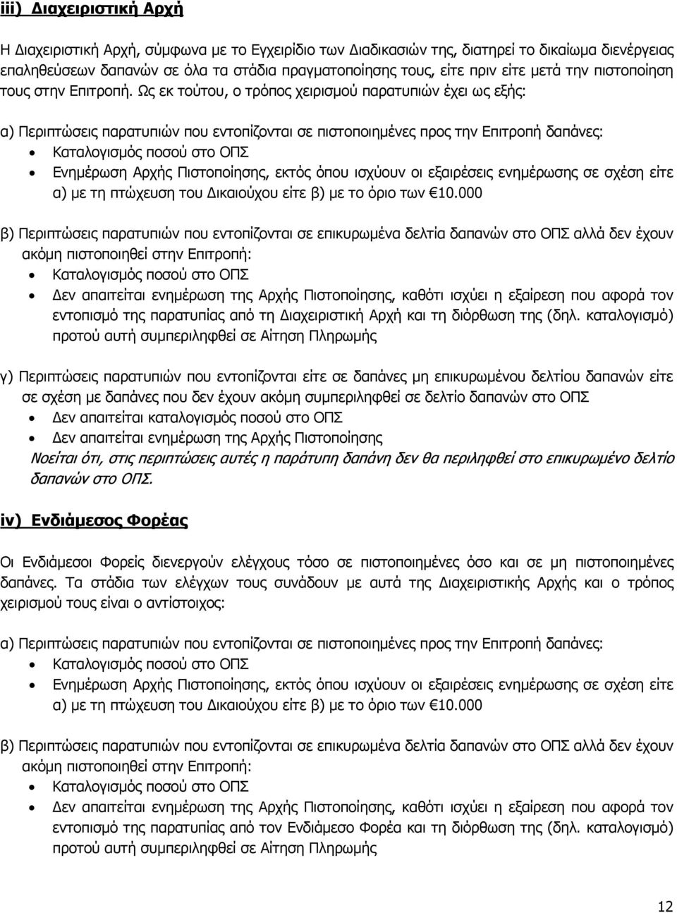 Ως εκ τούτου, ο τρόπος χειρισμού παρατυπιών έχει ως εξής: α) Περιπτώσεις παρατυπιών που εντοπίζονται σε πιστοποιημένες προς την Επιτροπή δαπάνες: Καταλογισμός ποσού στο ΟΠΣ Ενημέρωση Αρχής