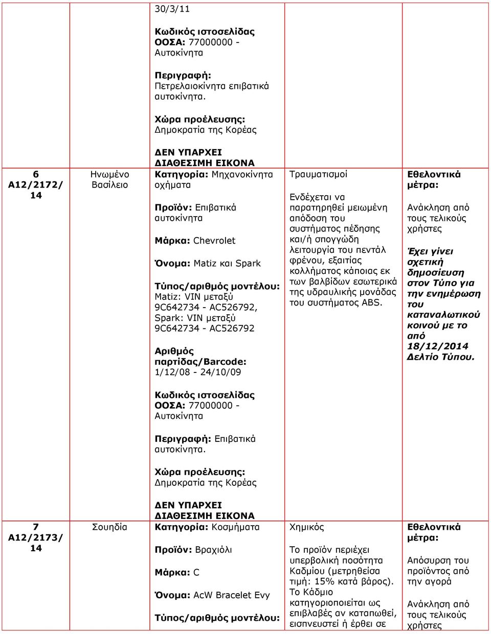 VIN µεταξύ 9C642734 - AC526792 1/12/08-24/10/09 Τραυµατισµοί Ενδέχεται να παρατηρηθεί µειωµένη απόδοση του συστήµατος πέδησης και/ή σπογγώδη λειτουργία του πεντάλ φρένου, εξαιτίας κολλήµατος κάποιας