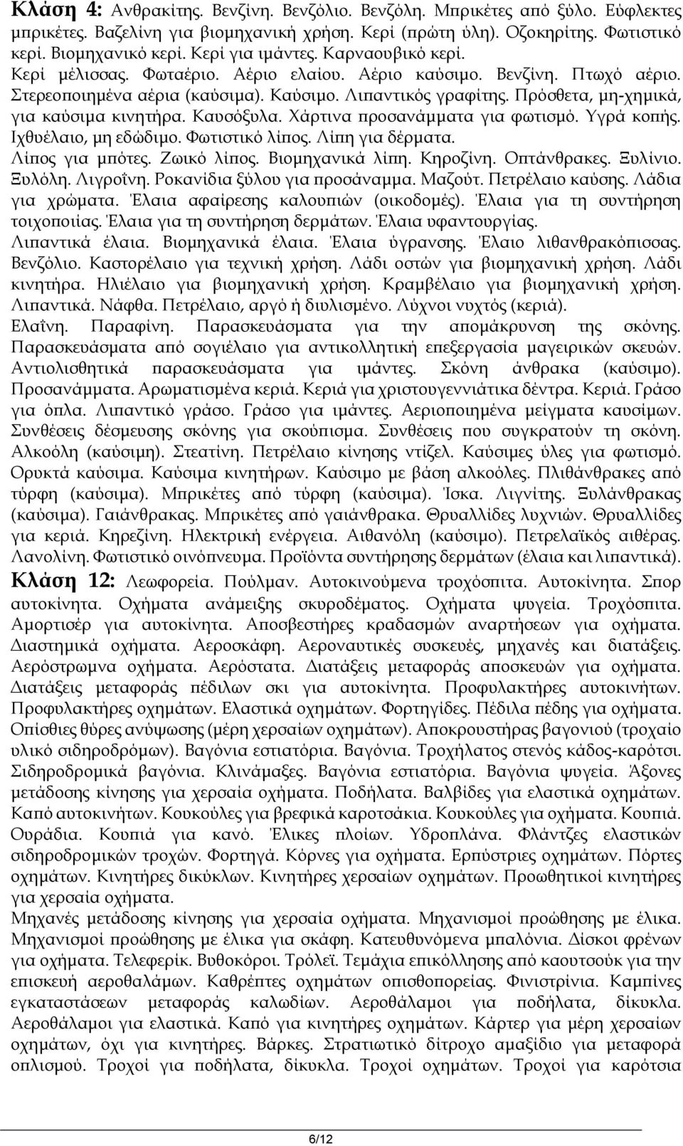 Πρόσθετα, μη-χημικά, για καύσιμα κινητήρα. Καυσόξυλα. Χάρτινα προσανάμματα για φωτισμό. Υγρά κοπής. Ιχθυέλαιο, μη εδώδιμο. Φωτιστικό λίπος. Λίπη για δέρματα. Λίπος για μπότες. Ζωικό λίπος.