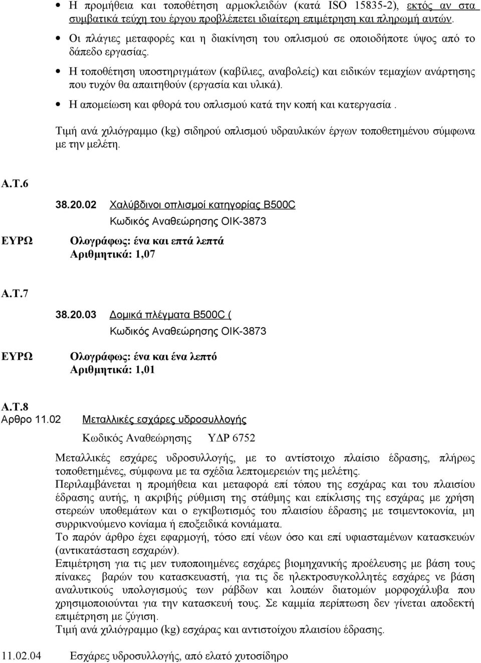 Η τοποθέτηση υποστηριγμάτων (καβίλιες, αναβολείς) και ειδικών τεμαχίων ανάρτησης που τυχόν θα απαιτηθούν (εργασία και υλικά). Η απομείωση και φθορά του οπλισμού κατά την κοπή και κατεργασία.