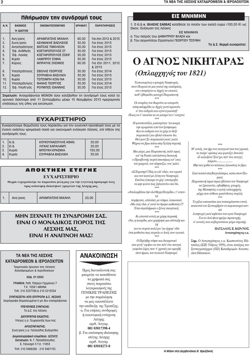 Κυρία ΛΑΜΠΡΟΥ ΣΟΦΙΑ 30,00 Για έτος 2013 7. Κύριος ΜΠΡΑΤΗΣ ΖΗΣΙΜΟΣ 80,00 Για έτη 2011, 2012 & 2013 8. Υποστράτηγος ΣΒΩΛΗΣ ΓΕΩΡΓΙΟΣ 30,00 Για έτος 2014 9. Κυρία ΣΟΥΡΑΒΛΑ ΒΑΣΙΛΙΚΗ 30,00 Για έτος 2013 10.