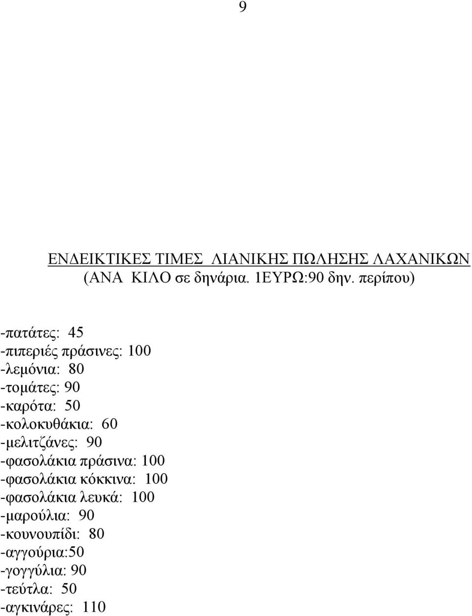 -κολοκυθάκια: 60 -μελιτζάνες: 90 -φασολάκια πράσινα: 100 -φασολάκια κόκκινα: 100