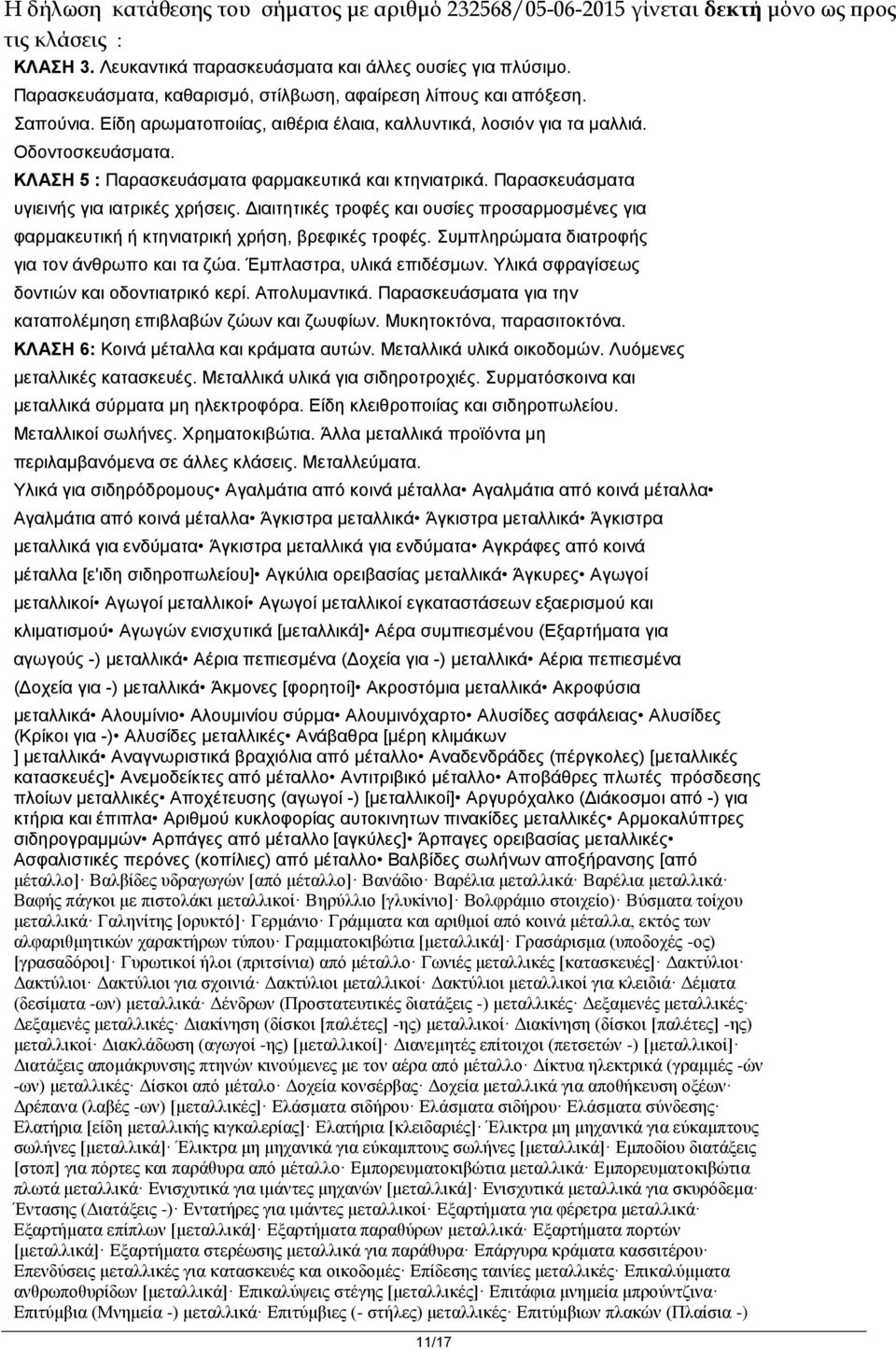 ΚΛΑΣΗ 5 : Παρασκευάσµατα φαρµακευτικά και κτηνιατρικά. Παρασκευάσµατα υγιεινής για ιατρικές χρήσεις. Διαιτητικές τροφές και ουσίες προσαρµοσµένες για φαρµακευτική ή κτηνιατρική χρήση, βρεφικές τροφές.