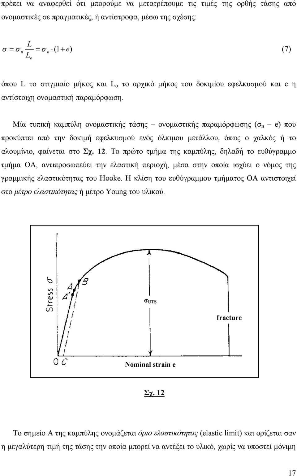 Μία τυπική καµπύλη ονοµαστικής τάσης ονοµαστικής παραµόρφωσης (σ n e) που προκύπτει από την δοκιµή εφελκυσµού ενός όλκιµου µετάλλου, όπως ο χαλκός ή το αλουµίνιο, φαίνεται στο Σχ. 12.