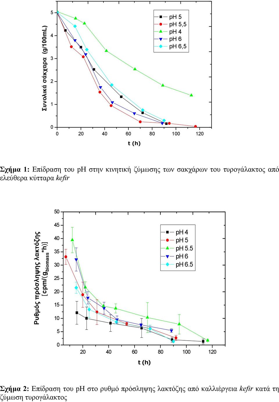 πρόσληψης λακτόζης [cpm/(g biomass *h)] 45 4 35 3 25 2 15 1 5 2 4 6 8 1 12 t (h) ph 4 ph 5 ph 5.