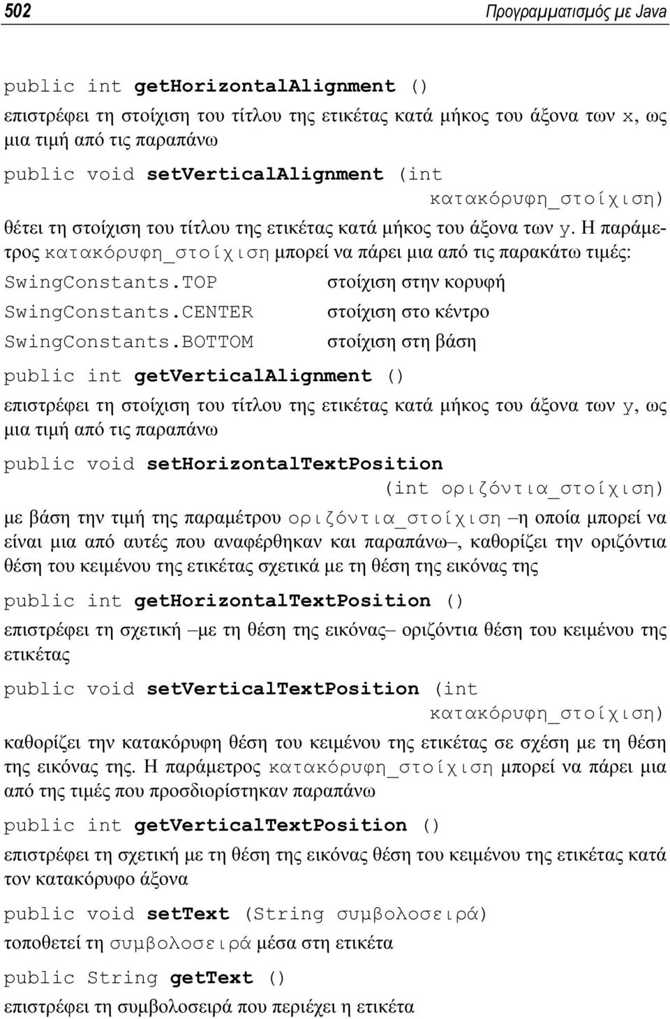 Η παράµετρος κατακόρυφη_στοίχιση µπορεί να πάρει µια από τις παρακάτω τιµές: SwingConstants.TOP στοίχιση στην κορυφή SwingConstants.CENTER SwingConstants.