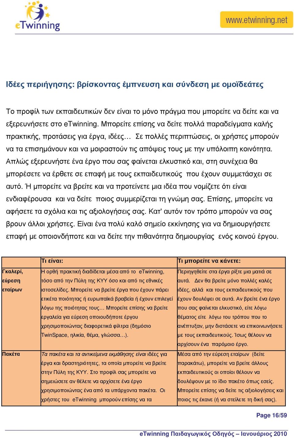 κοινότητα. Απλώς εξερευνήστε ένα έργο που σας φαίνεται ελκυστικό και, στη συνέχεια θα µπορέσετε να έρθετε σε επαφή µε τους εκπαιδευτικούς που έχουν συµµετάσχει σε αυτό.