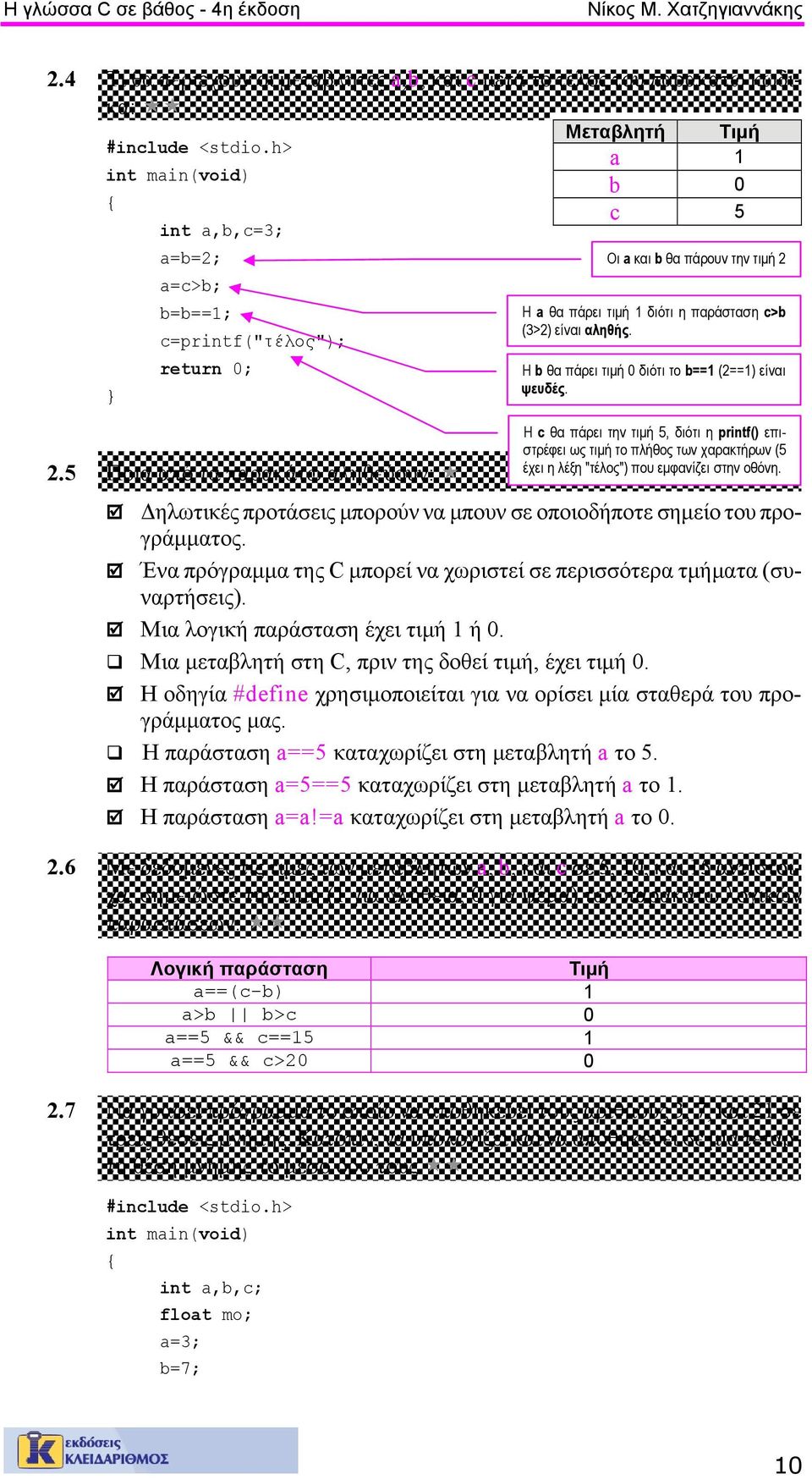 παράσταση c>b (3>2) είναι αληθής. c=printf("τέλος"); Η b θα πάρει τιμή 0 διότι το b==1 (2==1) είναι ψευδές. 2.