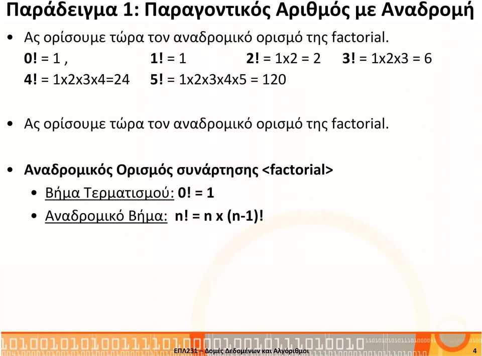 = 1x2x3x4x5 = 120 Ας ορίσουμε τώρα τον αναδρομικό ορισμό της factorial.