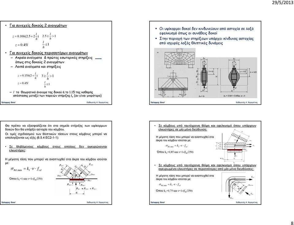 αστοχία σε λοξό εφελκυσμό όπως οι συνήθεις δοκοί Στην περιοχή των στηρίξεων υπάρχει κίνδυνος αστοχίας από ισχυρές λοξές θλιπτικές δυνάμεις l l z 0.5 h(2 ) 3 h h z 0.