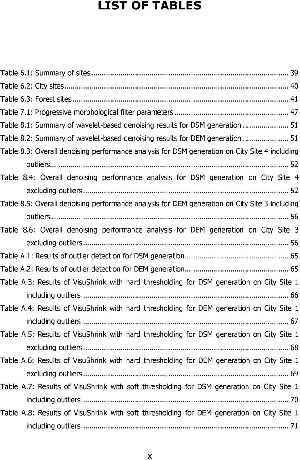.. 52 Table 8.4: Overall denoising performance analysis for DSM generation on City Site 4 excluding outliers... 52 Table 8.5: Overall denoising performance analysis for DEM generation on City Site 3 including outliers.