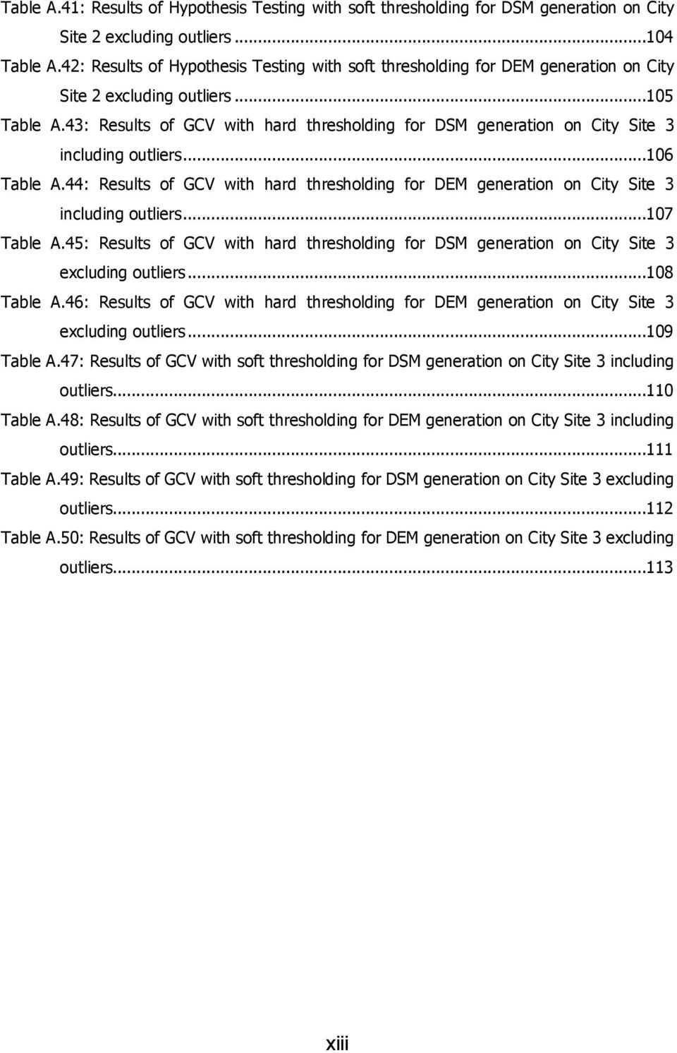 43: Results of GCV with hard thresholding for DSM generation on City Site 3 including outliers...106 Table A.