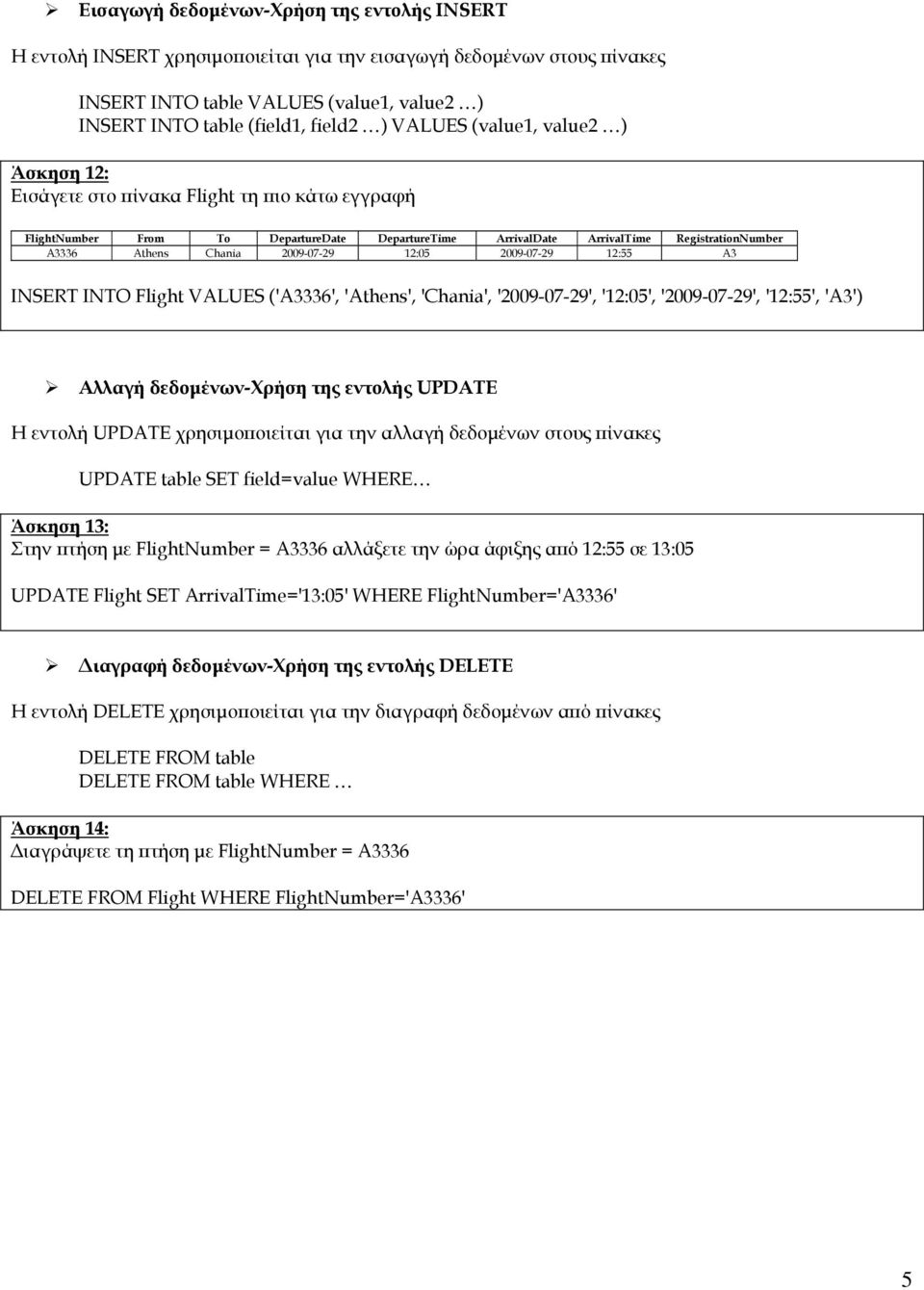 2009-07-29 12:05 2009-07-29 12:55 A3 INSERT INTO Flight VALUES ('A3336', 'Athens', 'Chania', '2009-07-29', '12:05', '2009-07-29', '12:55', 'A3') Αλλαγή δεδομένων-χρήση της εντολής UPDATE Η εντολή