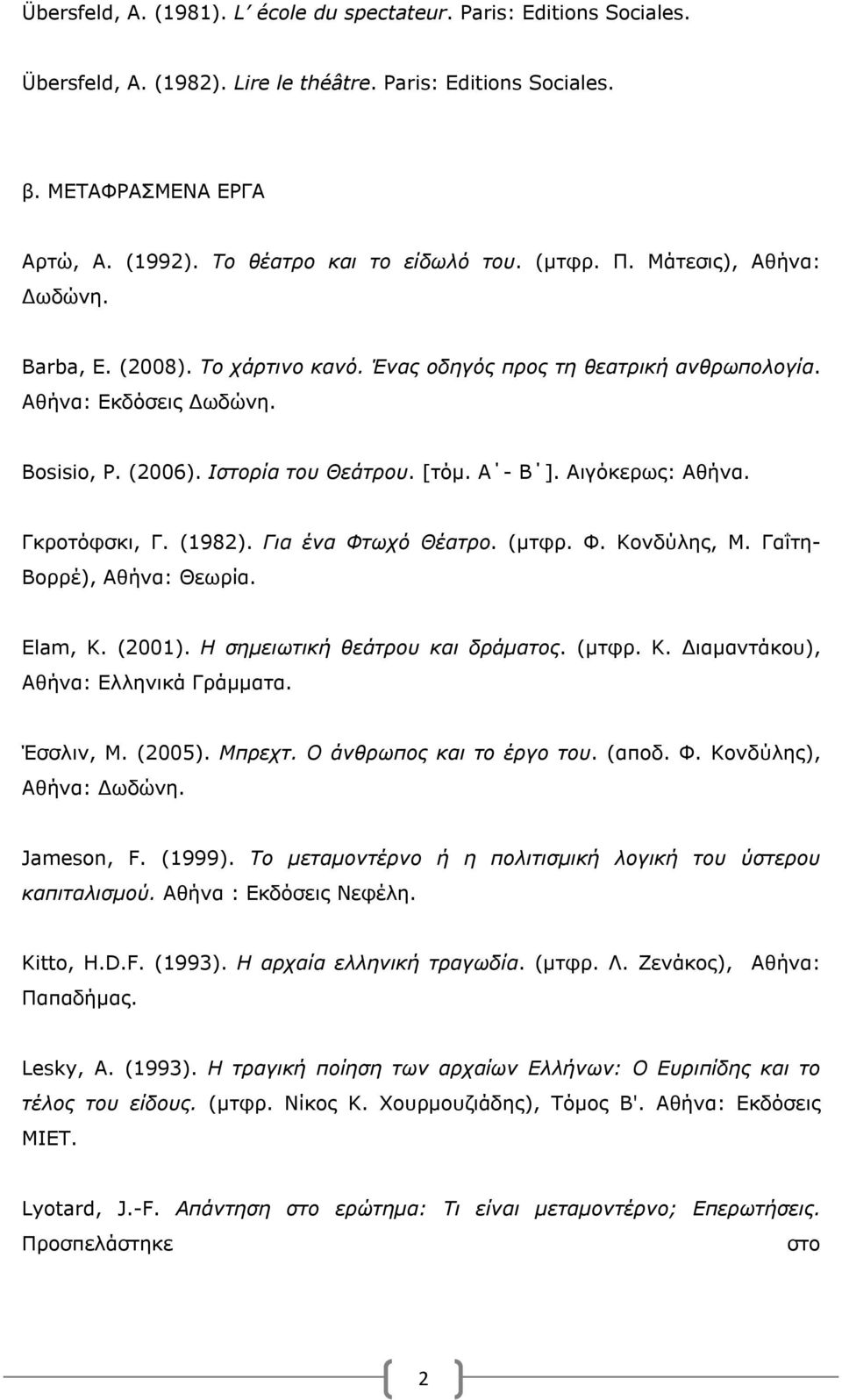 Ιστορία του Θεάτρου. [τόμ. Α - Β ]. Αιγόκερως: Αθήνα. Γκροτόφσκι, Γ. (1982). Για ένα Φτωχό Θέατρο. (μτφρ. Φ. Κονδύλης, Μ. Γαΐτη- Βορρέ), Αθήνα: Θεωρία. Elam, K. (2001).